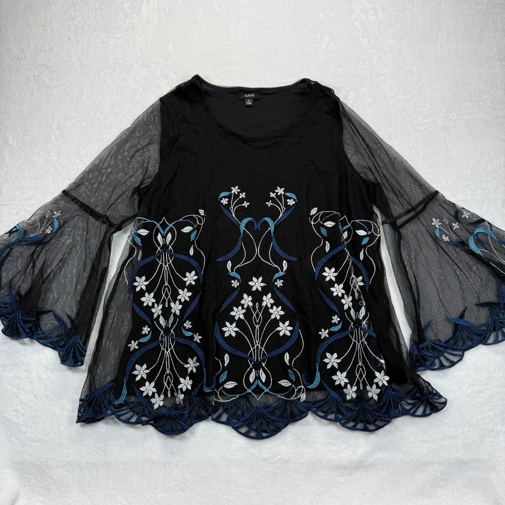 Alfani‎ Sheer Embroidered Top Blouse Black Blue Floral Long Sleeve 0X